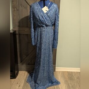 Mac Duggal Sparkling Blue Long Sleeve Dress 1510
